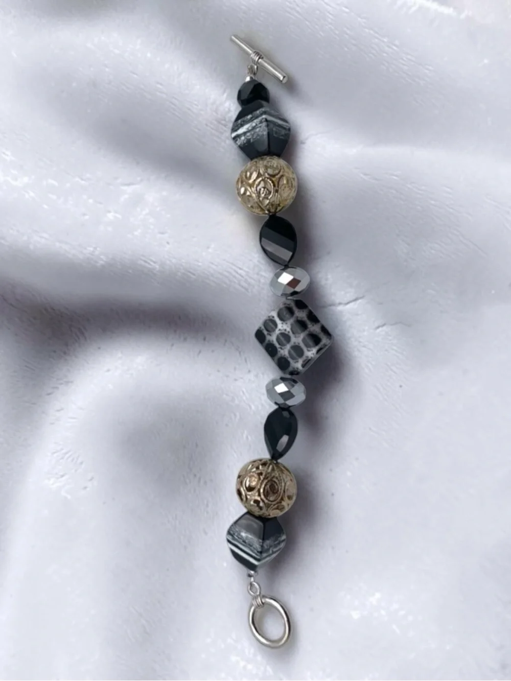 Handcrafted Black and Silver Beaded Toggle Bracelet